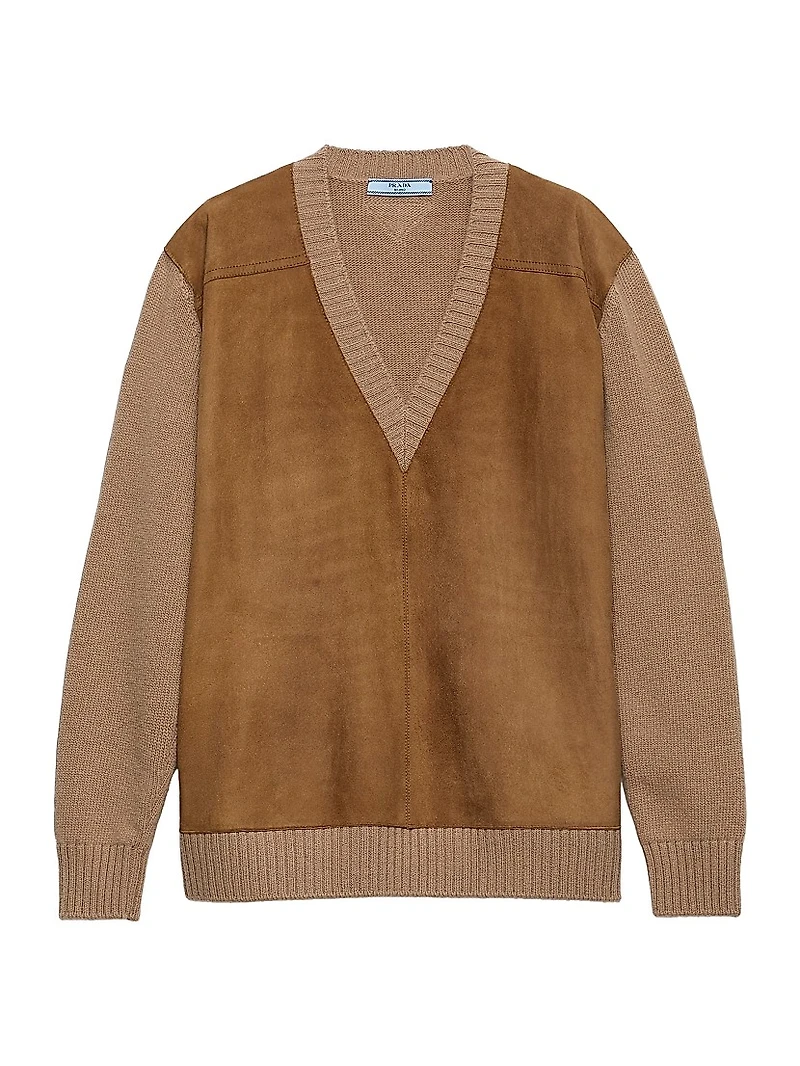 Cashmere Wool and Suede V-Neck Sweater