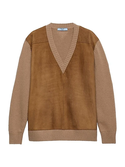 Cashmere Wool and Suede V-Neck Sweater