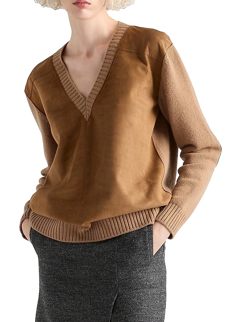Cashmere Wool and Suede V-Neck Sweater
