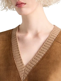 Cashmere Wool and Suede V-Neck Sweater