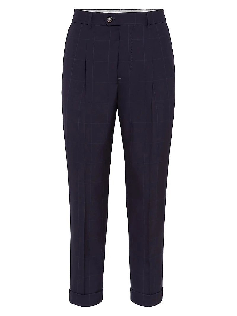 Super 120s Virgin Wool Overcheck Leisure Fit Trousers with Pleat