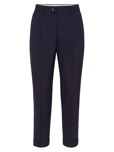Super 120s Virgin Wool Overcheck Leisure Fit Trousers with Pleat