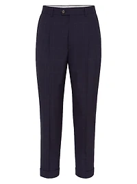 Super 120s Virgin Wool Overcheck Leisure Fit Trousers with Pleat