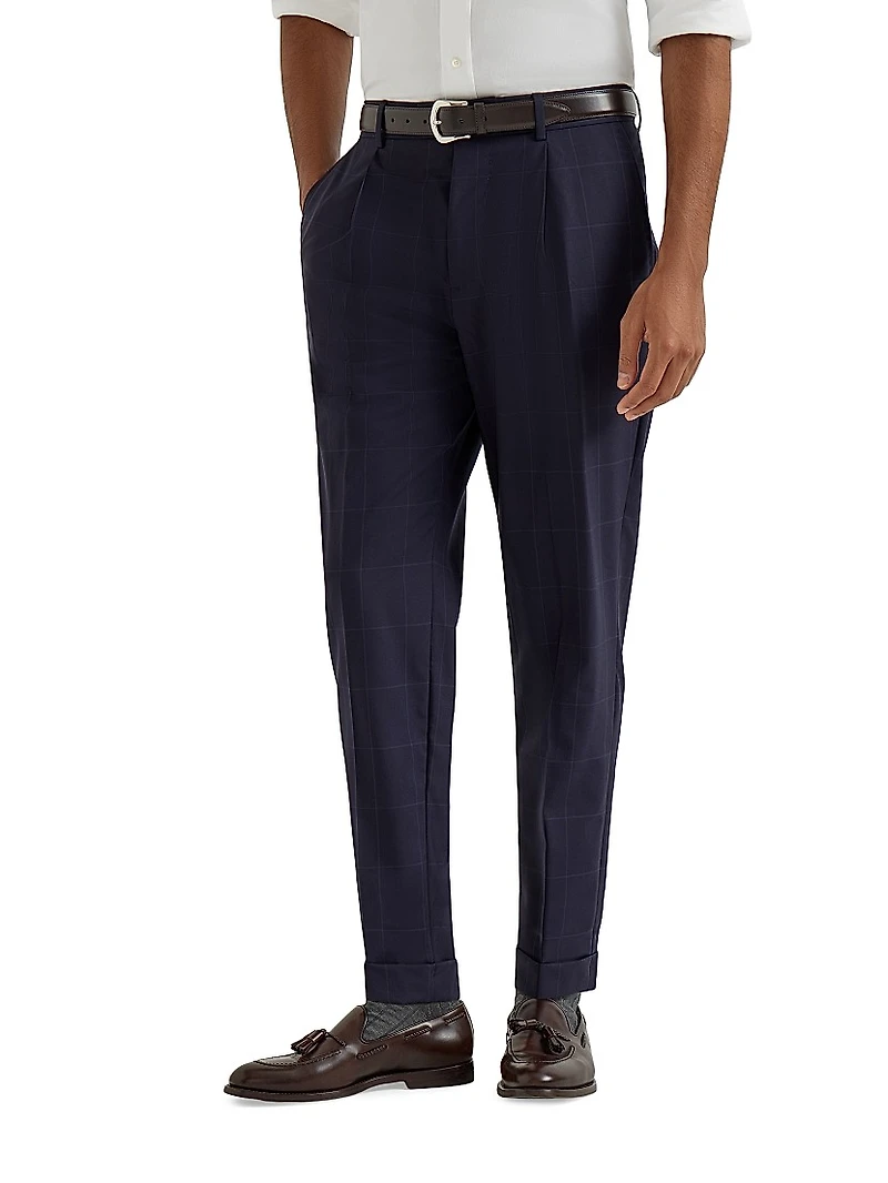 Super 120s Virgin Wool Overcheck Leisure Fit Trousers with Pleat