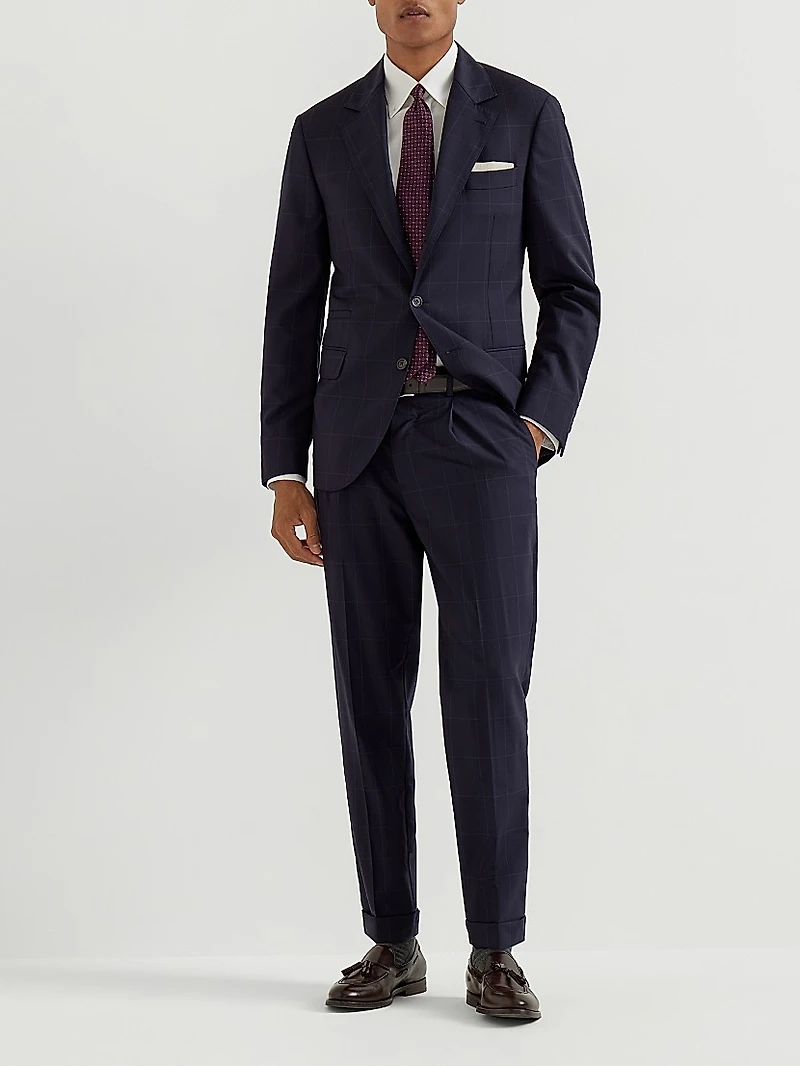 Super 120s Virgin Wool Overcheck Leisure Fit Trousers with Pleat