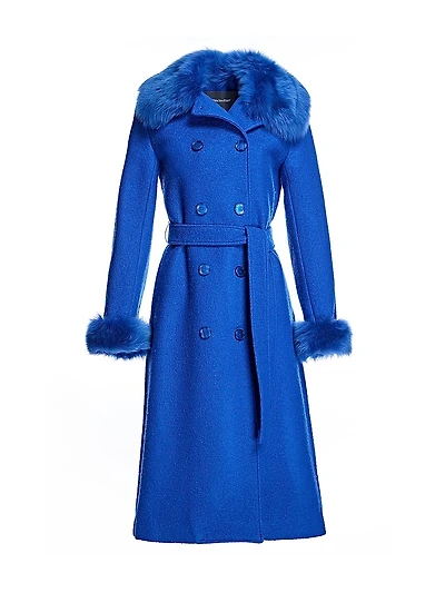 Belted Italian Wool Coat with Lamb Trim Collar and Cuff