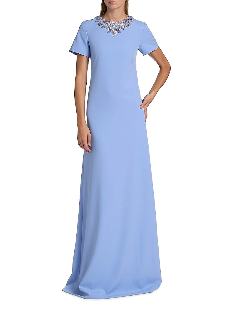 Embellished Neckline Crêpe A-Line Gown