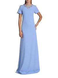 Embellished Neckline Crêpe A-Line Gown