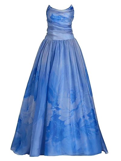 Floral Silk Organza Strapless Gown