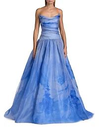 Floral Silk Organza Strapless Gown