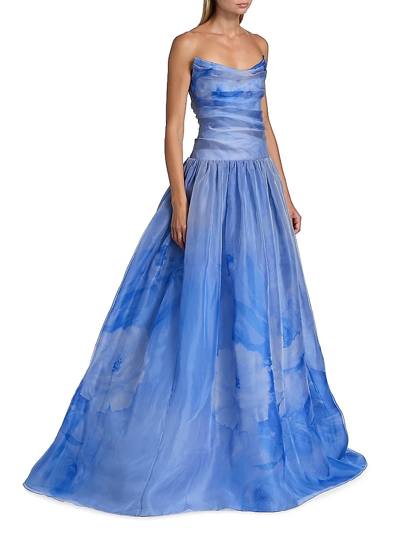 Floral Silk Organza Strapless Gown