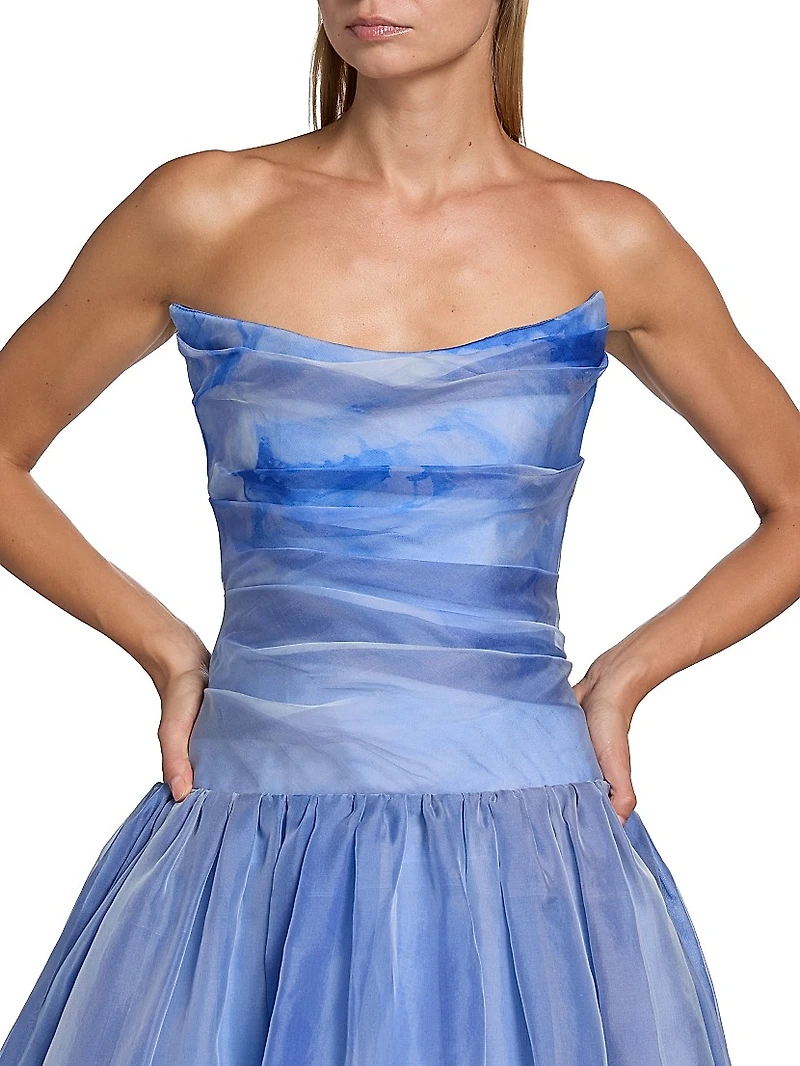 Floral Silk Organza Strapless Gown
