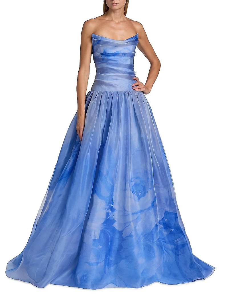 Floral Silk Organza Strapless Gown
