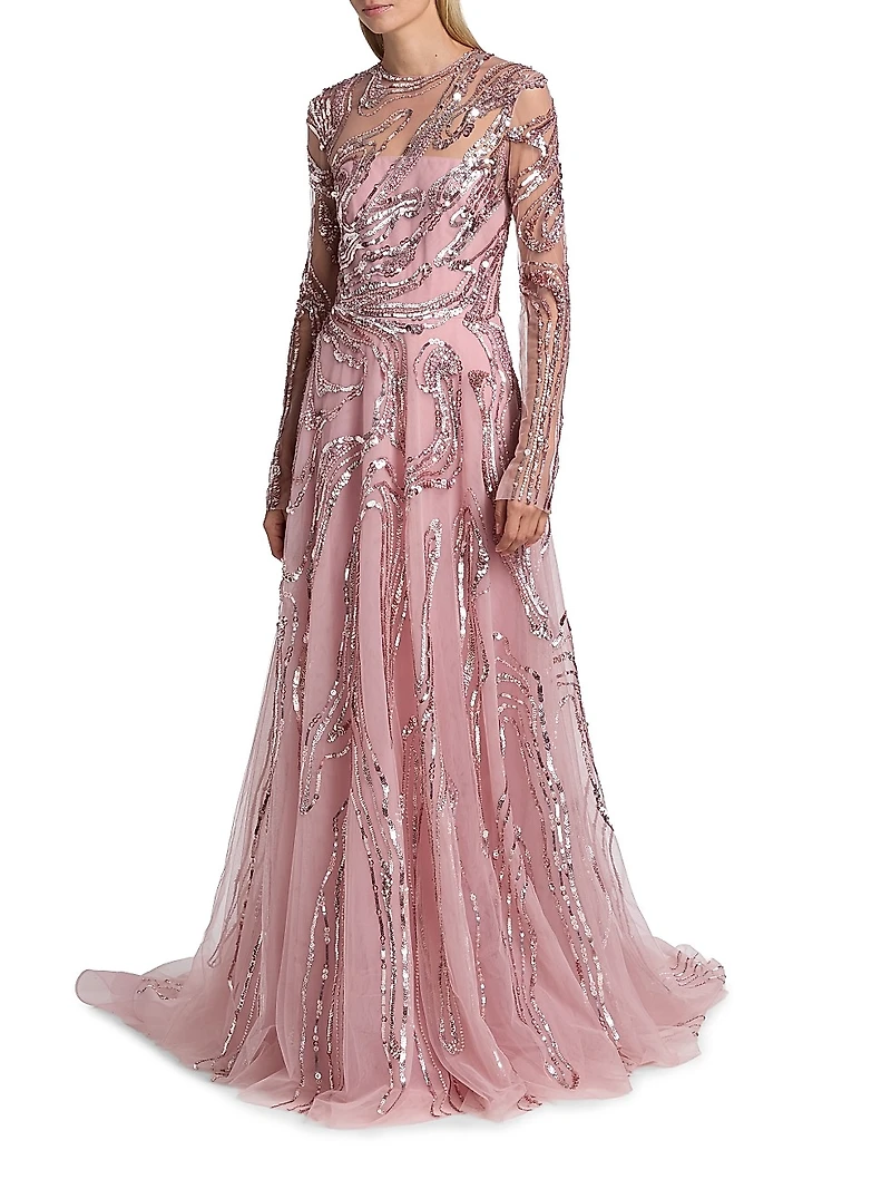 Embellished Wave Tulle Gown