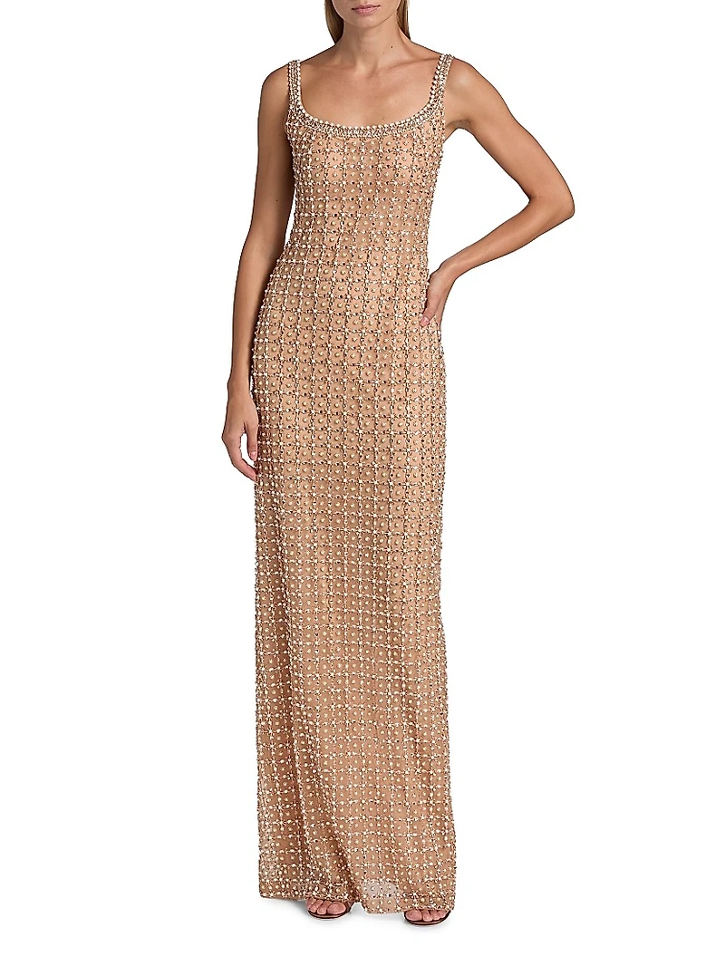 Imitation Pearl & Bead-Embroidered Tulle Gown