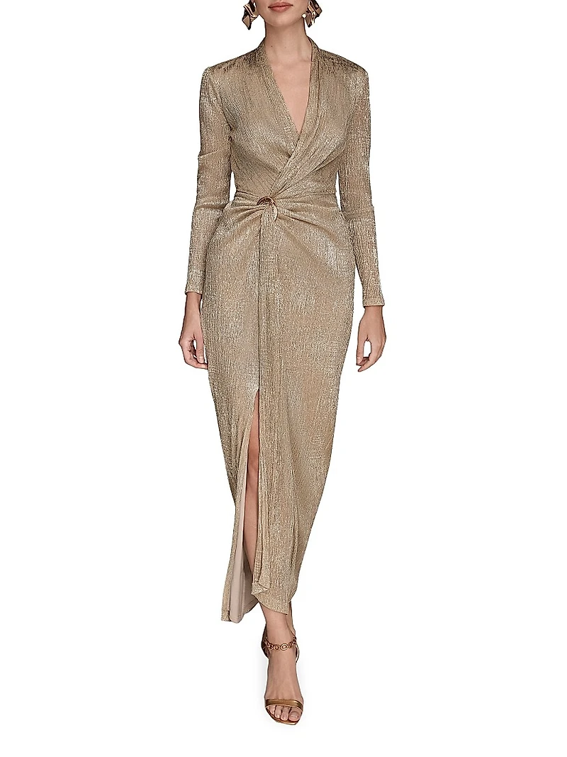 Metallic Crinkle-Knit Embellished Wrap-Style Gown