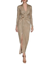 Metallic Crinkle-Knit Embellished Wrap-Style Gown