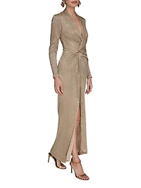 Metallic Crinkle-Knit Embellished Wrap-Style Gown