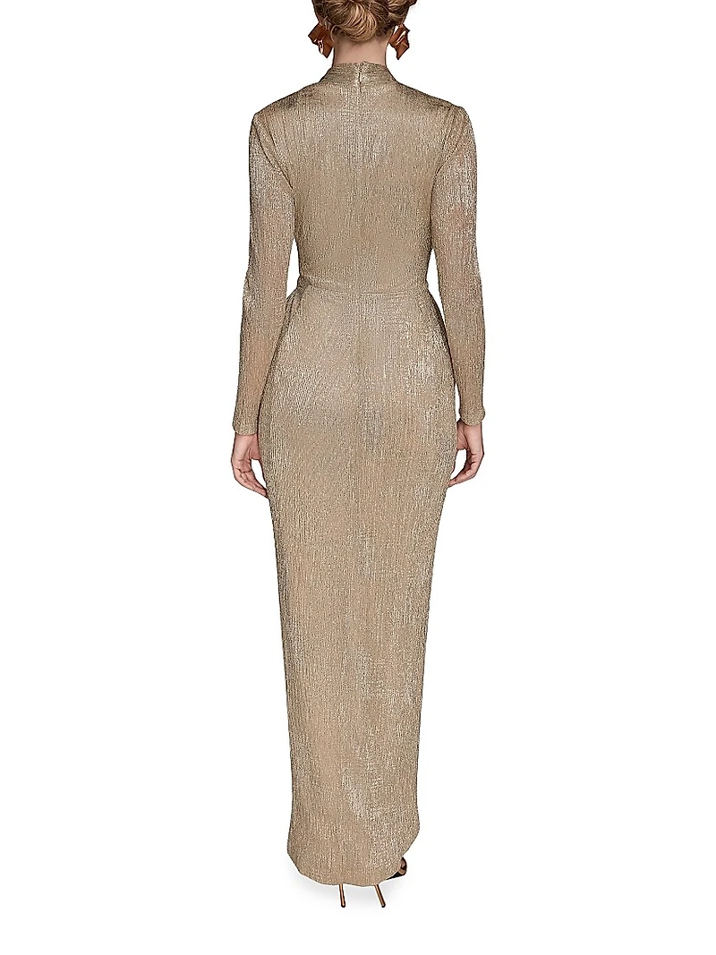 Metallic Crinkle-Knit Embellished Wrap-Style Gown