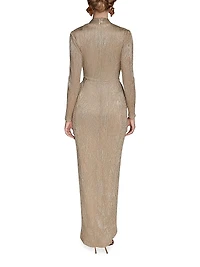 Metallic Crinkle-Knit Embellished Wrap-Style Gown