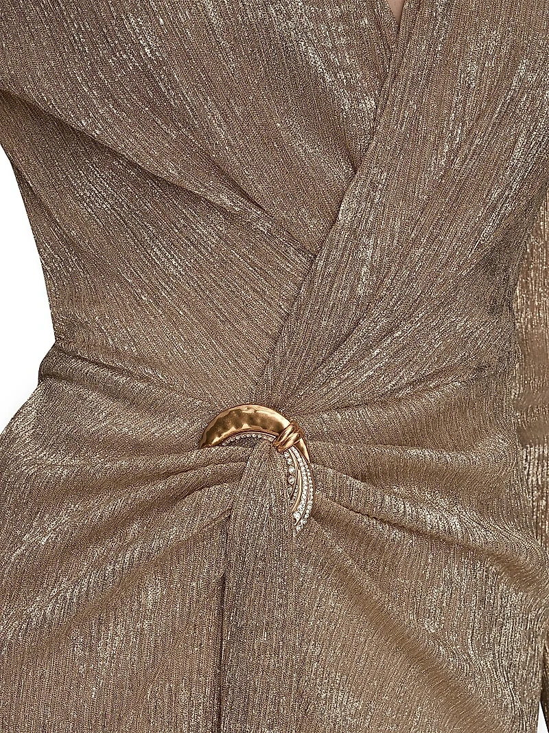 Metallic Crinkle-Knit Embellished Wrap-Style Gown
