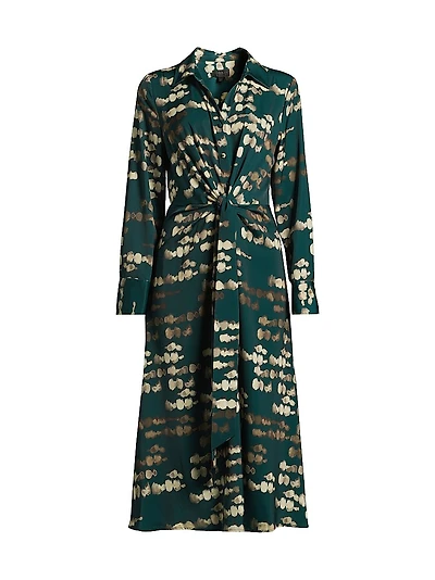 Abstract-Print Gathered Stretch-Satin Midi Shirtdress