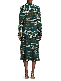 Abstract-Print Gathered Stretch-Satin Midi Shirtdress