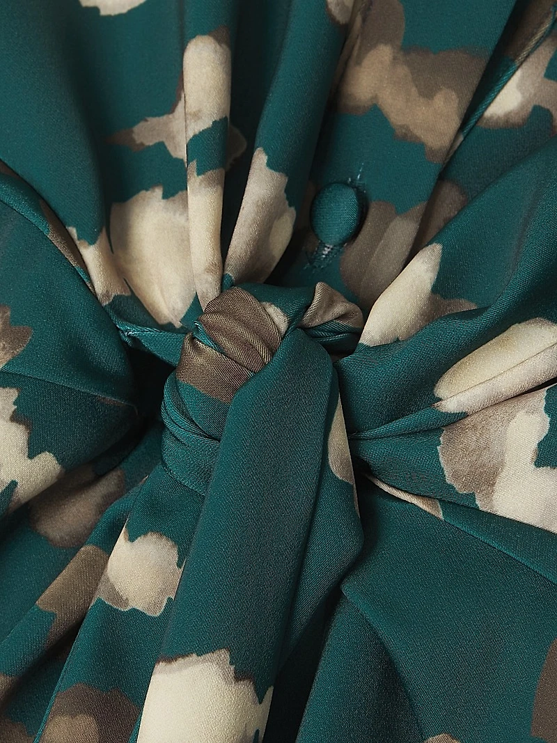 Abstract-Print Gathered Stretch-Satin Midi Shirtdress