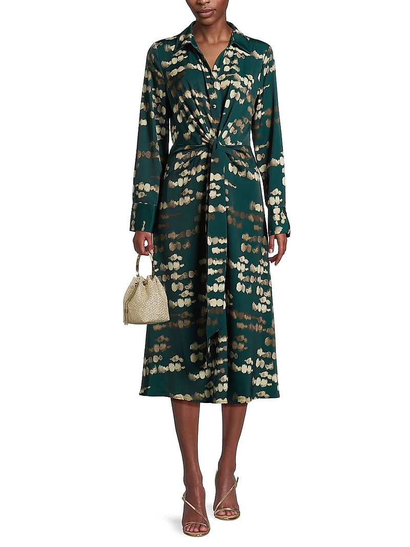 Abstract-Print Gathered Stretch-Satin Midi Shirtdress