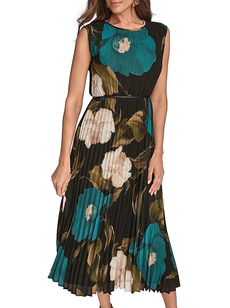 Pleated Stretch-Chiffon A-Line Midi-Dress