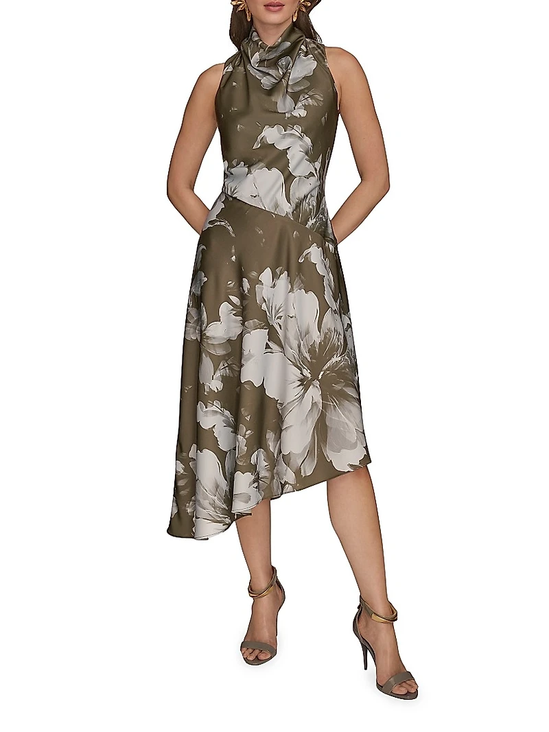 Floral Stretch-Satin Cowlneck Midi-Dress