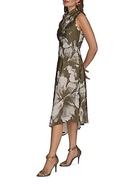 Floral Stretch-Satin Cowlneck Midi-Dress