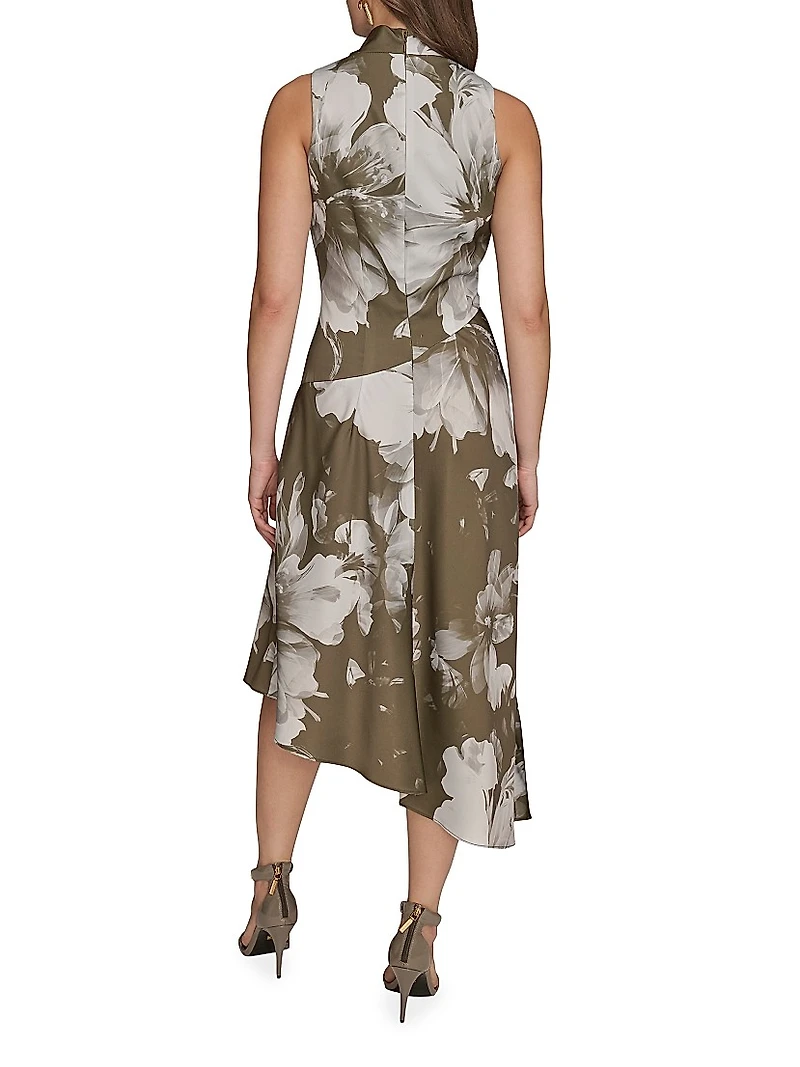 Floral Stretch-Satin Cowlneck Midi-Dress