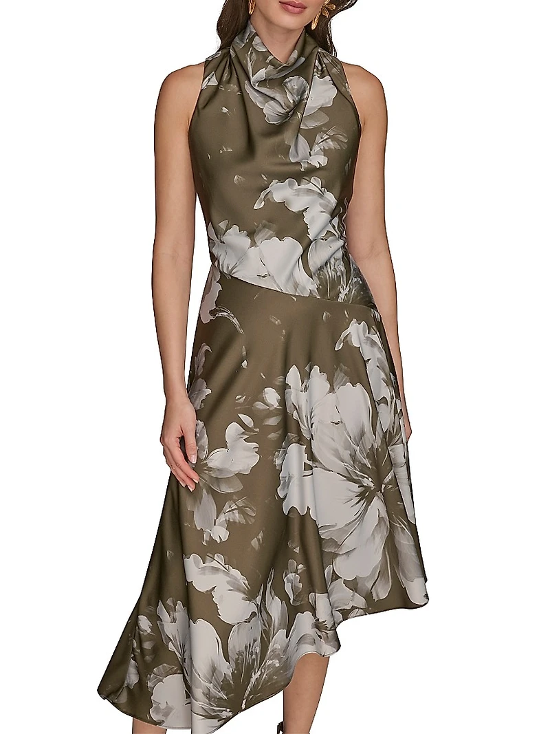 Floral Stretch-Satin Cowlneck Midi-Dress