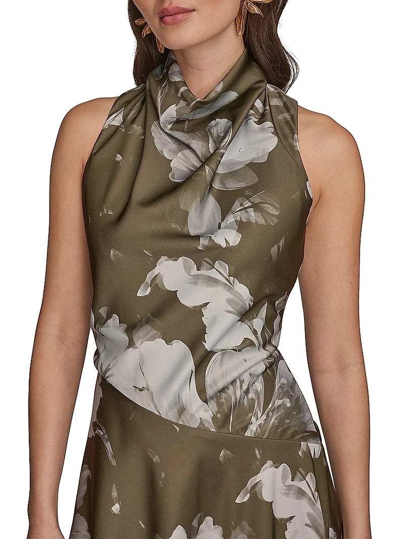 Floral Stretch-Satin Cowlneck Midi-Dress