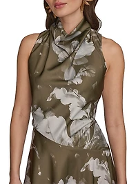 Floral Stretch-Satin Cowlneck Midi-Dress