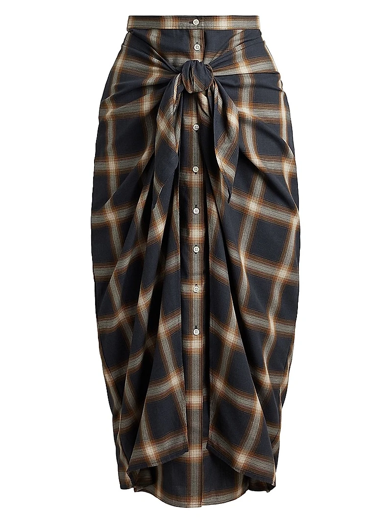 Plaid Tie-Front Buttoned Pencil Skirt