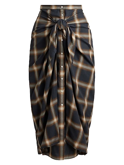 Plaid Tie-Front Buttoned Pencil Skirt