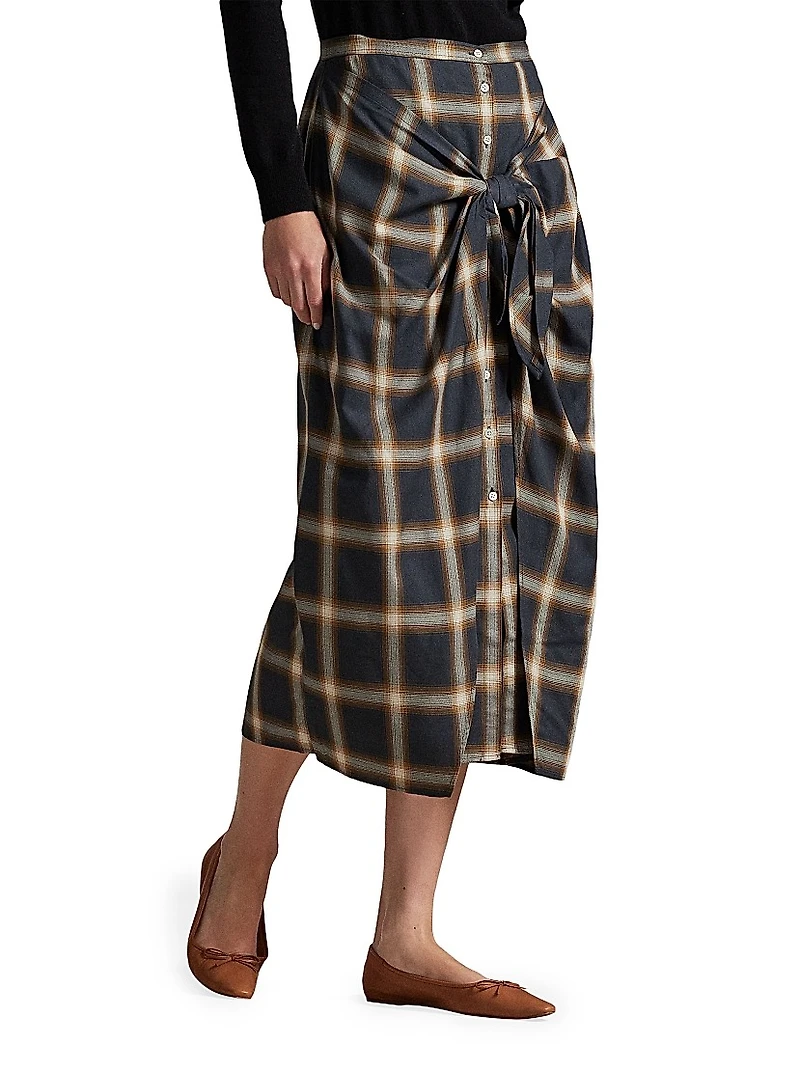 Plaid Tie-Front Buttoned Pencil Skirt