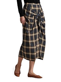 Plaid Tie-Front Buttoned Pencil Skirt