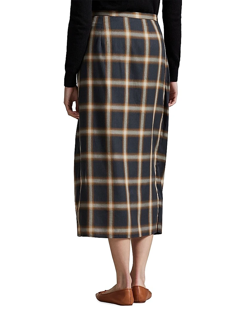 Plaid Tie-Front Buttoned Pencil Skirt