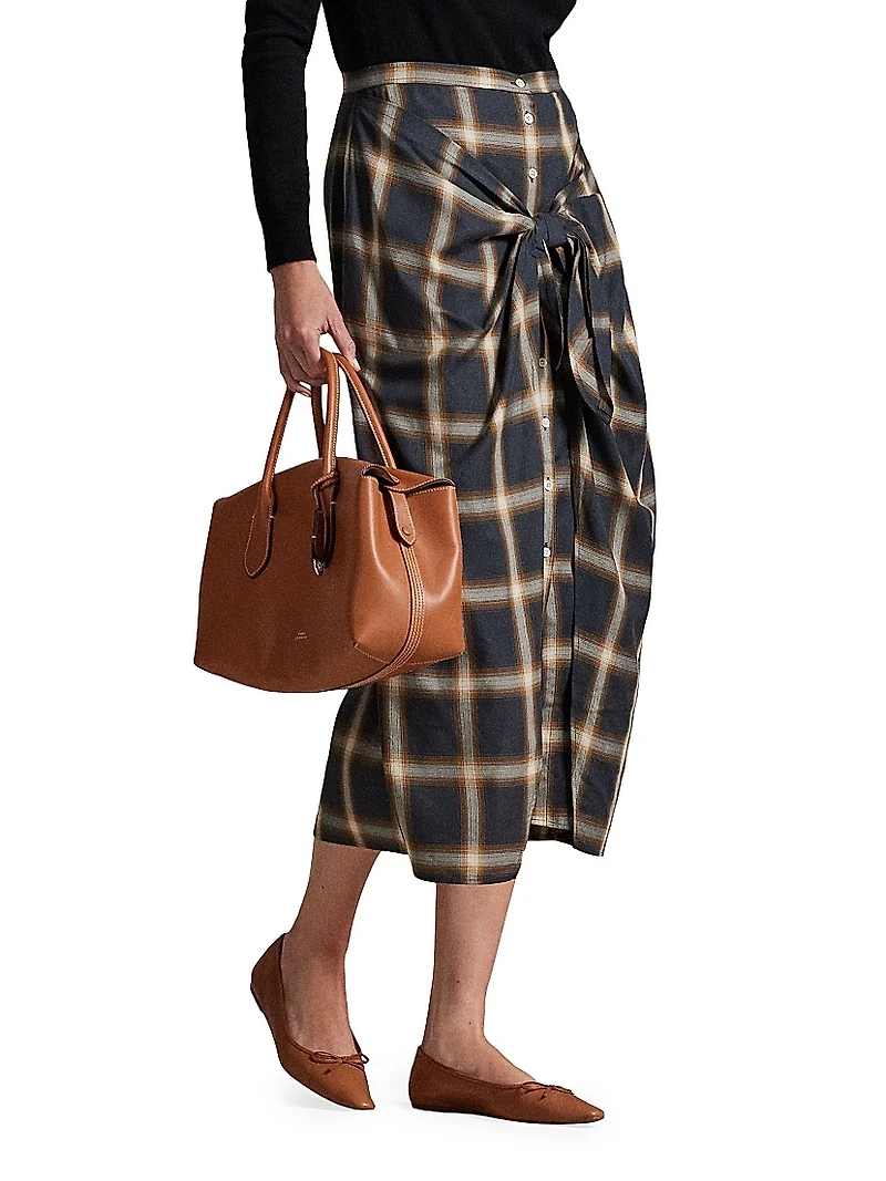 Plaid Tie-Front Buttoned Pencil Skirt