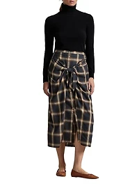 Plaid Tie-Front Buttoned Pencil Skirt