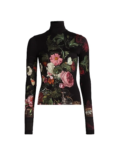 Delaina Floral Jersey Long-Sleeve Turtleneck