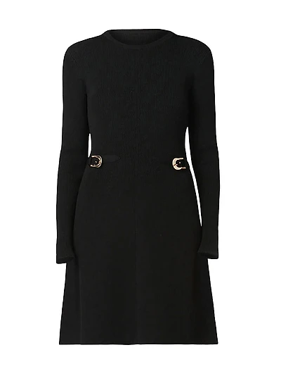 Janice Buckle-Detailed Rib-Knit Fit & Flare Dress