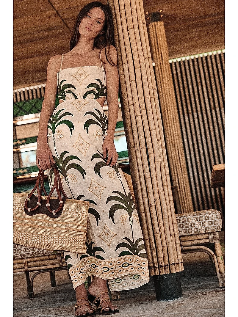 Tactile Winds Embellished Linen Midi-Dress