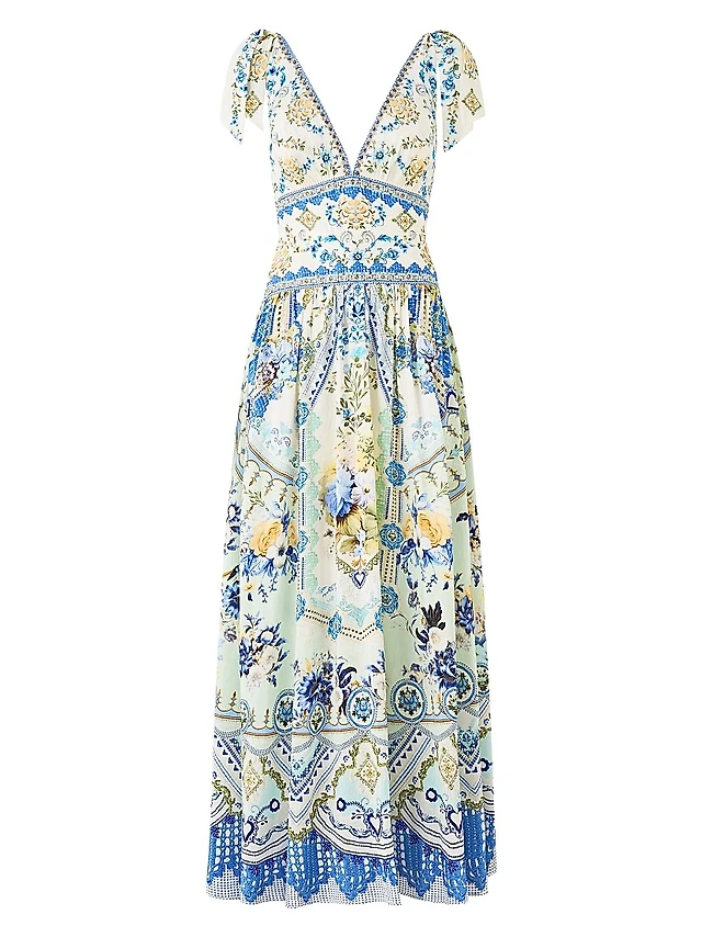 Lovaan Lorna Puff-Sleeve V-Neck Linen-Silk Maxi Dress | The Summit