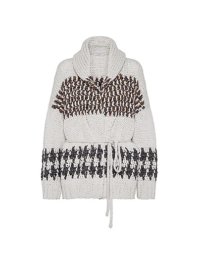 Handmade Prince of Wales Crochet Opera Cardigan in Cashmere, Cotton and Alpaca with Belt