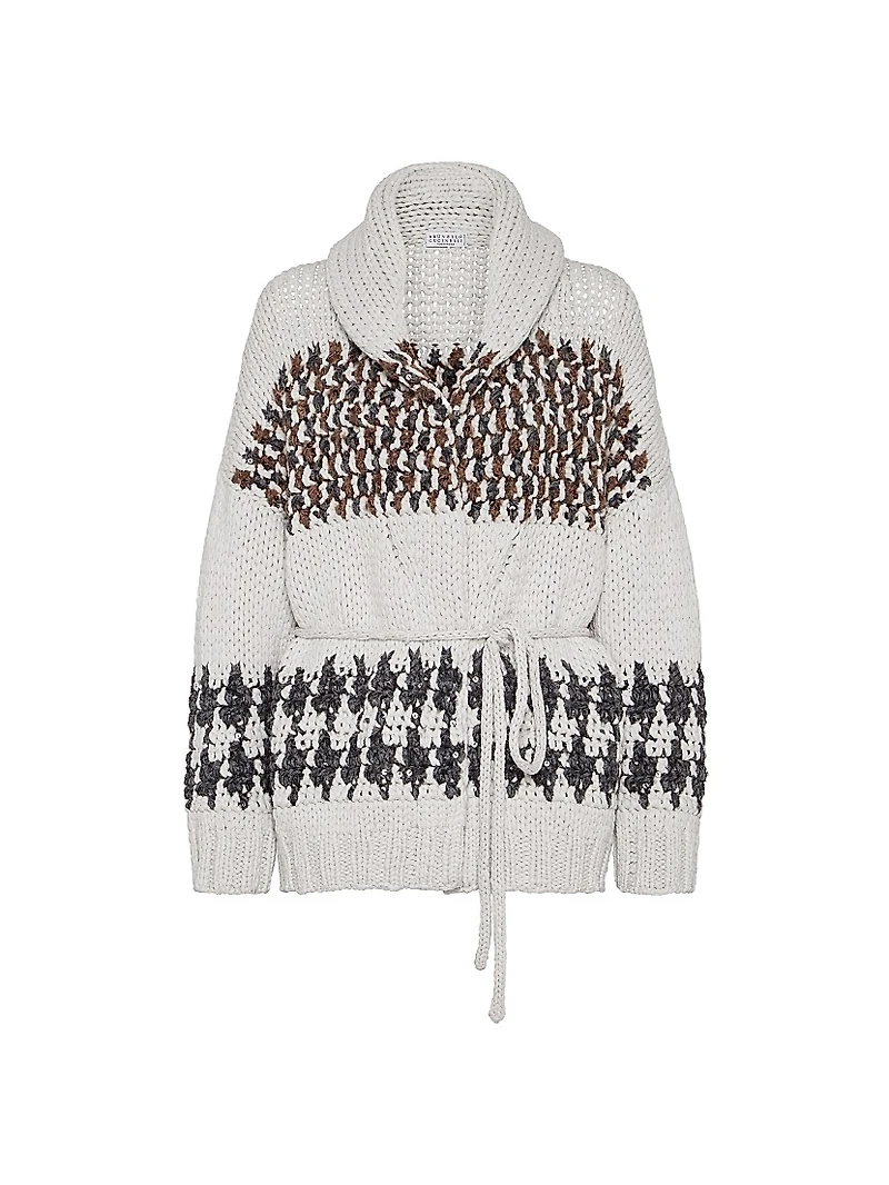Handmade Prince of Wales Crochet Opera Cardigan in Cashmere, Cotton and Alpaca with Belt