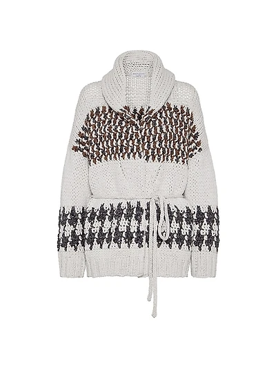 Handmade Prince of Wales Crochet Opera Cardigan in Cashmere, Cotton and Alpaca with Belt